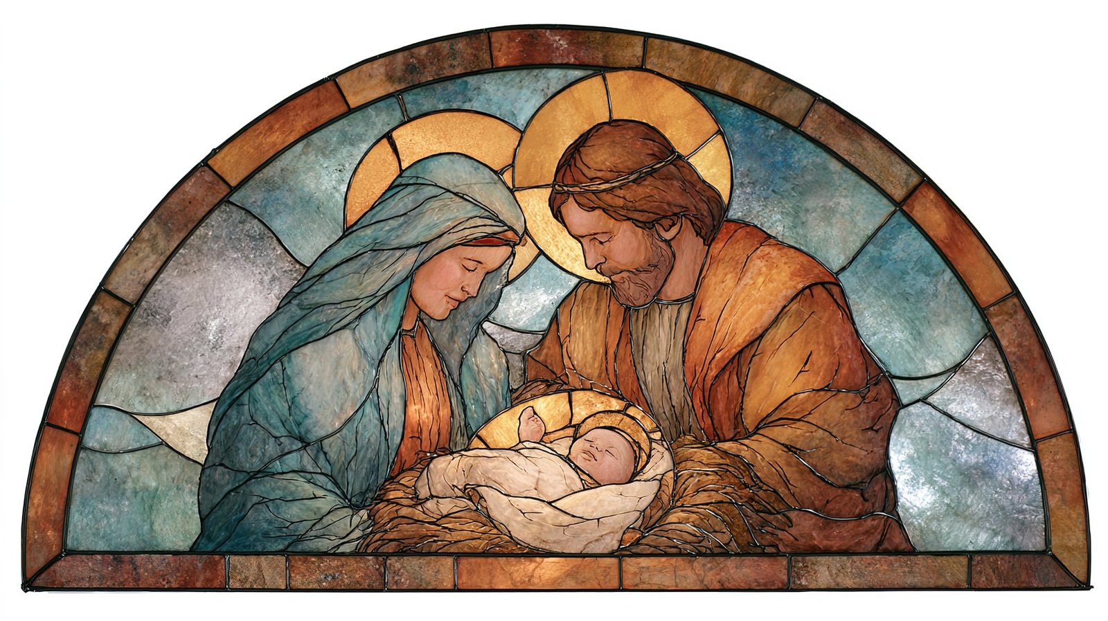 A stained glass window of the Holy Family: Mary and Joseph bending over the child Jesus