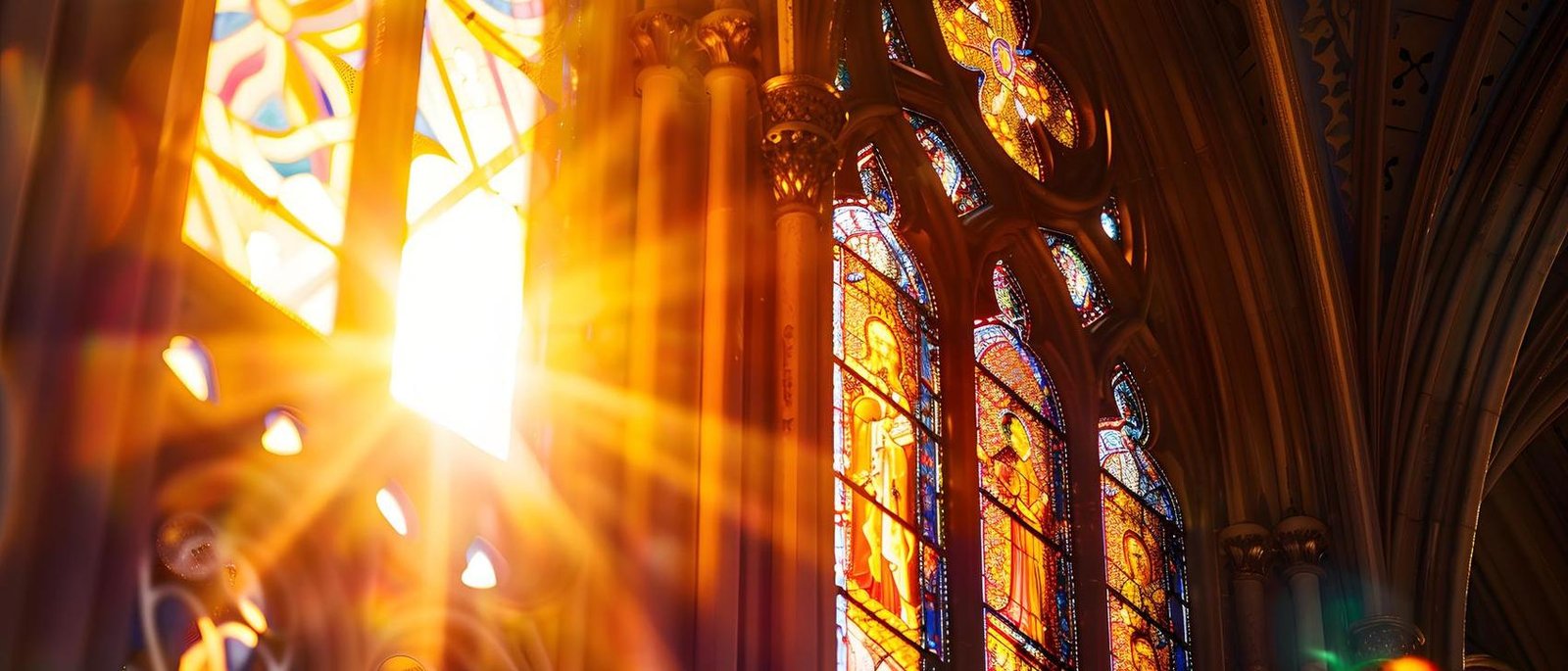 Sunlight breaking through the stained glass of a cathedral