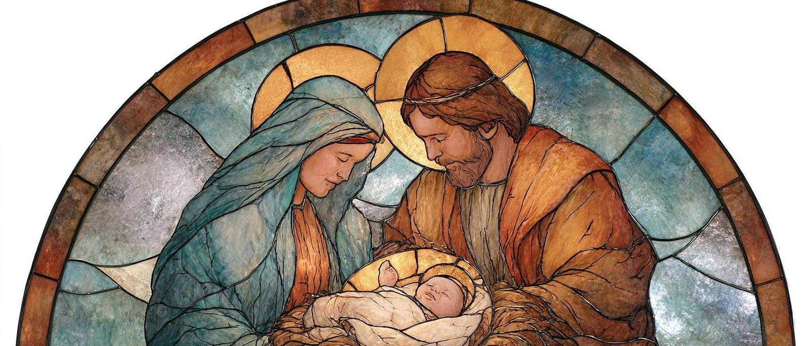 A stained glass window of the Holy Family
