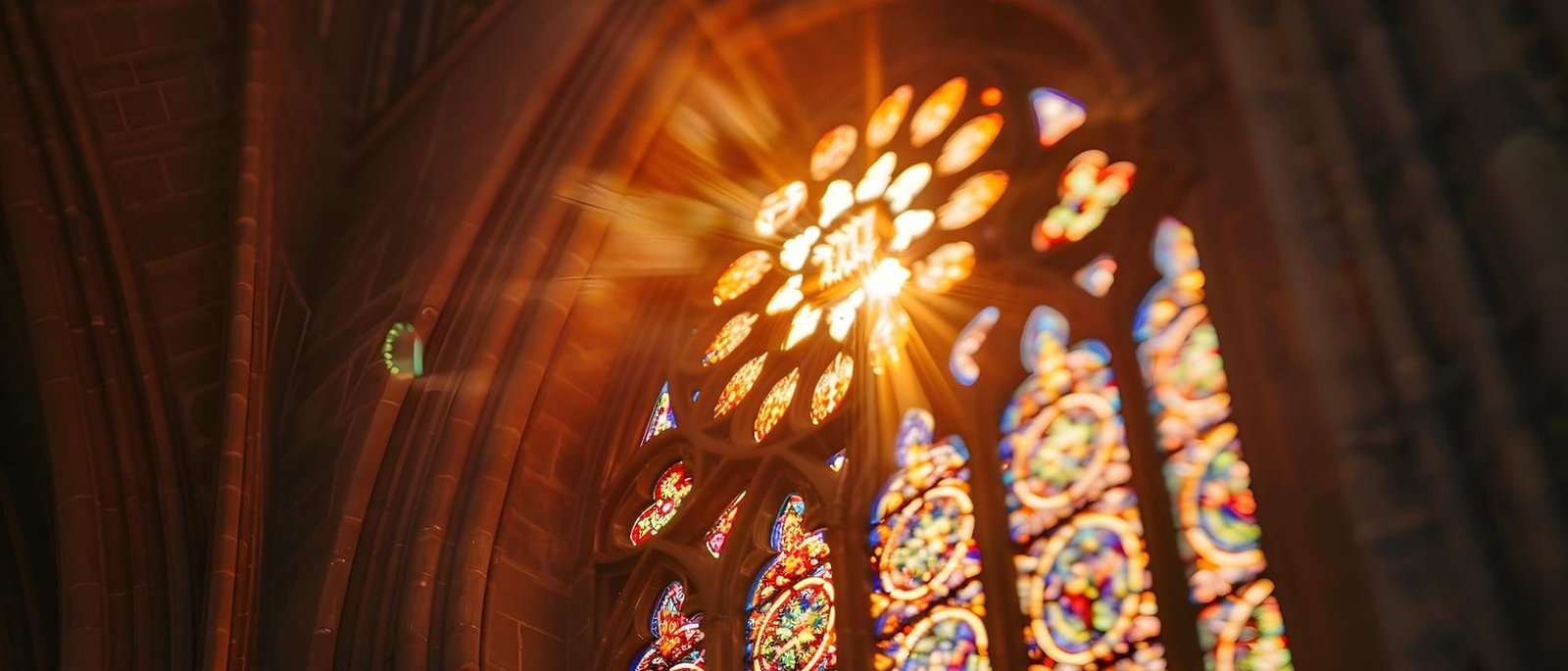 Sunlight bursting through a rose window