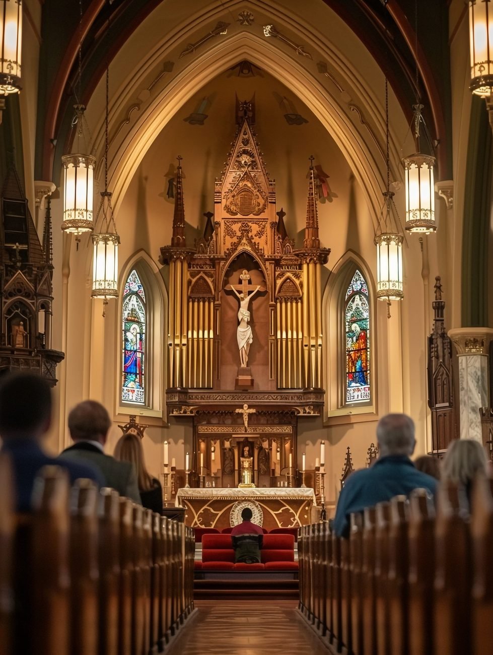 A gothic reredos and crucifix above an altar