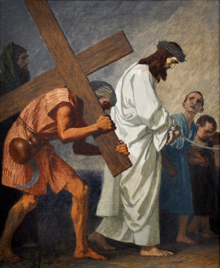 Simon of Cyrene helps Jesus carry the cross